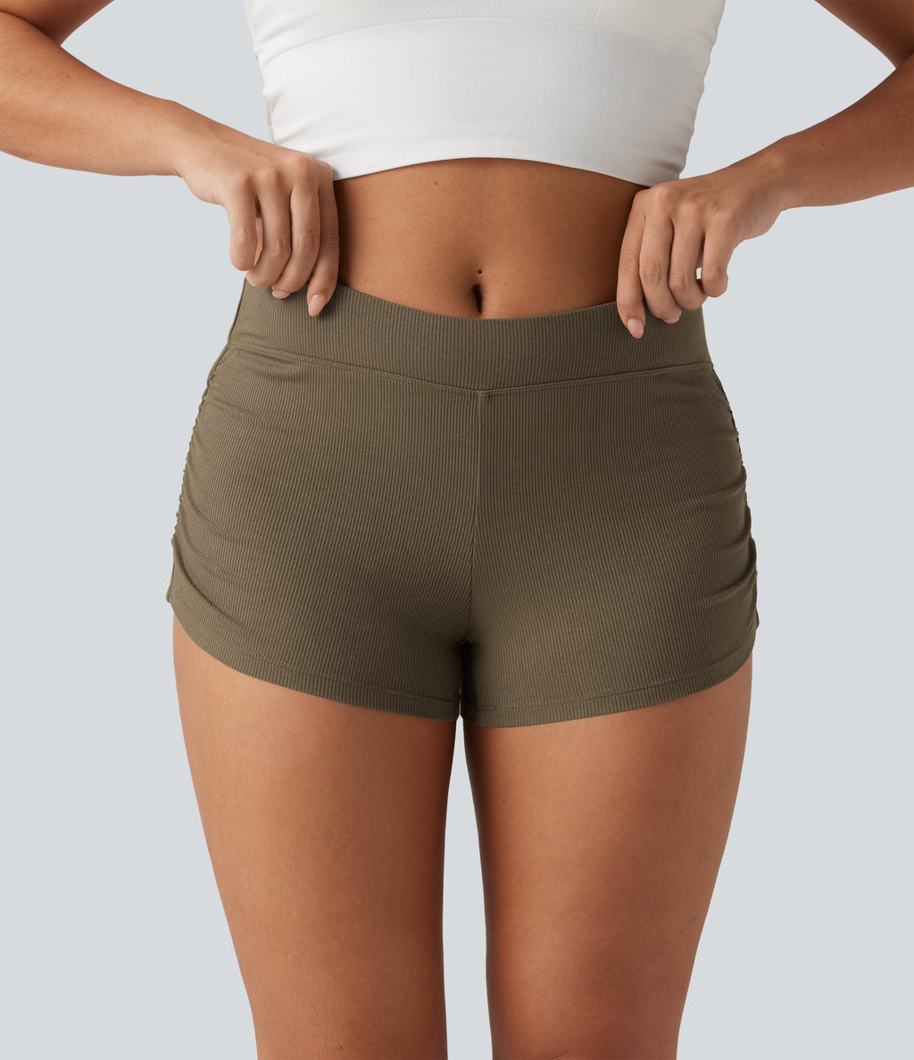 Ribbed Knit Low Rise Ruched Casual Shorts 3'' — Shitake — view 4
