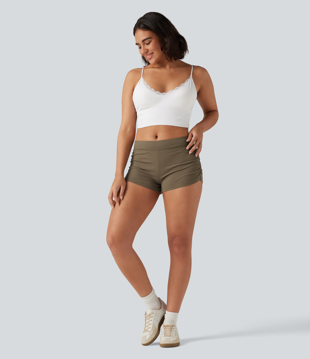 Ribbed Knit Low Rise Ruched Casual Shorts 3'' — Shitake — view 7