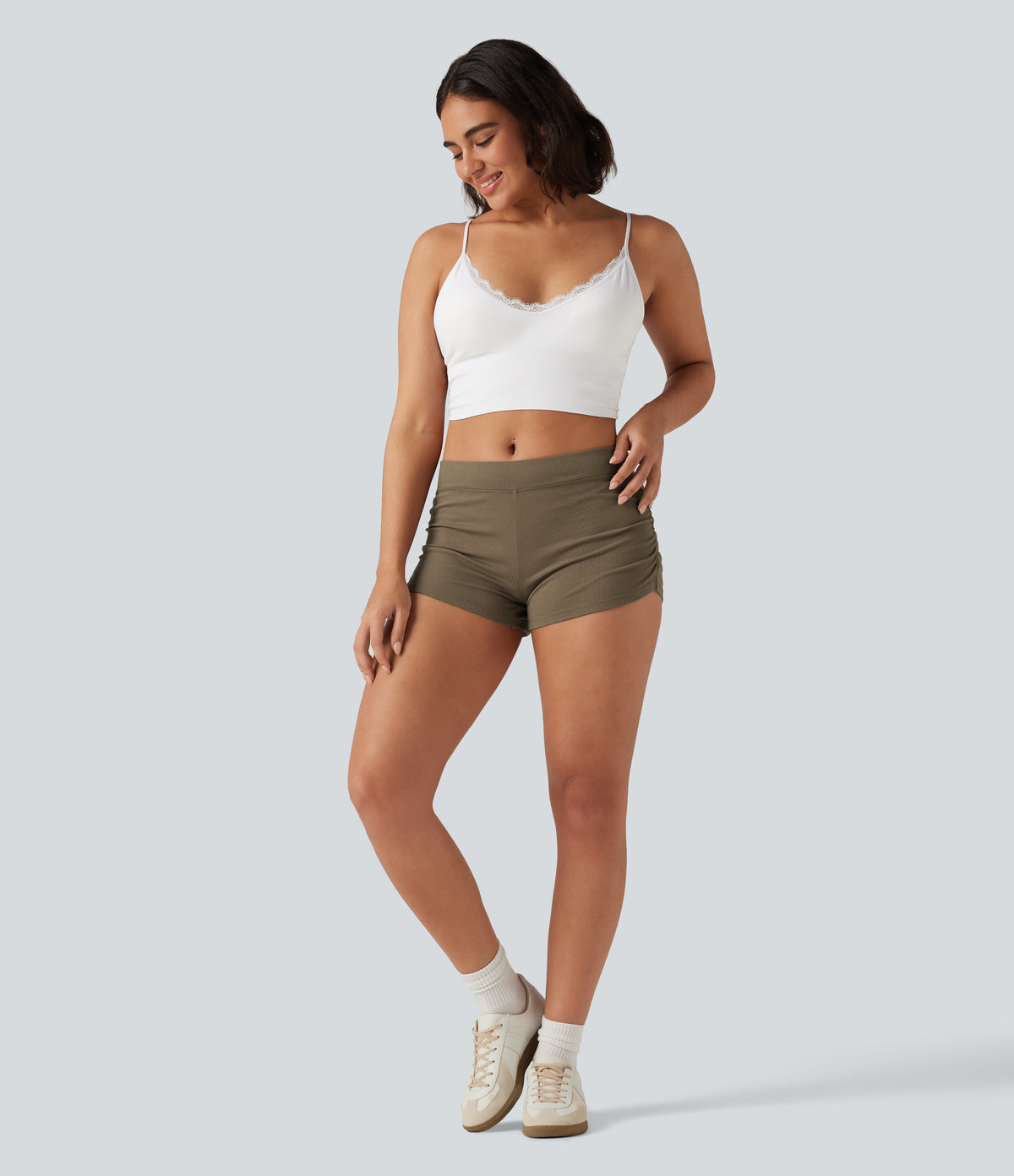 Ribbed Knit Low Rise Ruched Casual Shorts 3'' — Shitake — view 7