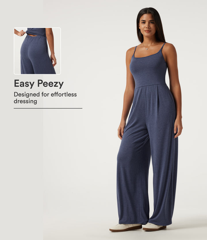 U-Neck Sleeveless Built-in Bra Ruched Baggy Casual Jumpsuit with Pockets-Edition — Mottled Indigo — view 1