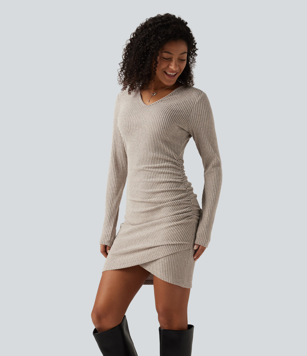 Ribbed Knit V Neck Long Sleeve Ruched Mini Casual Dress — Smoked Olive — view 3