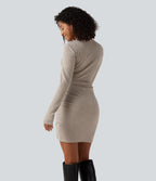Ribbed Knit V Neck Long Sleeve Ruched Mini Casual Dress — Smoked Olive — view 2