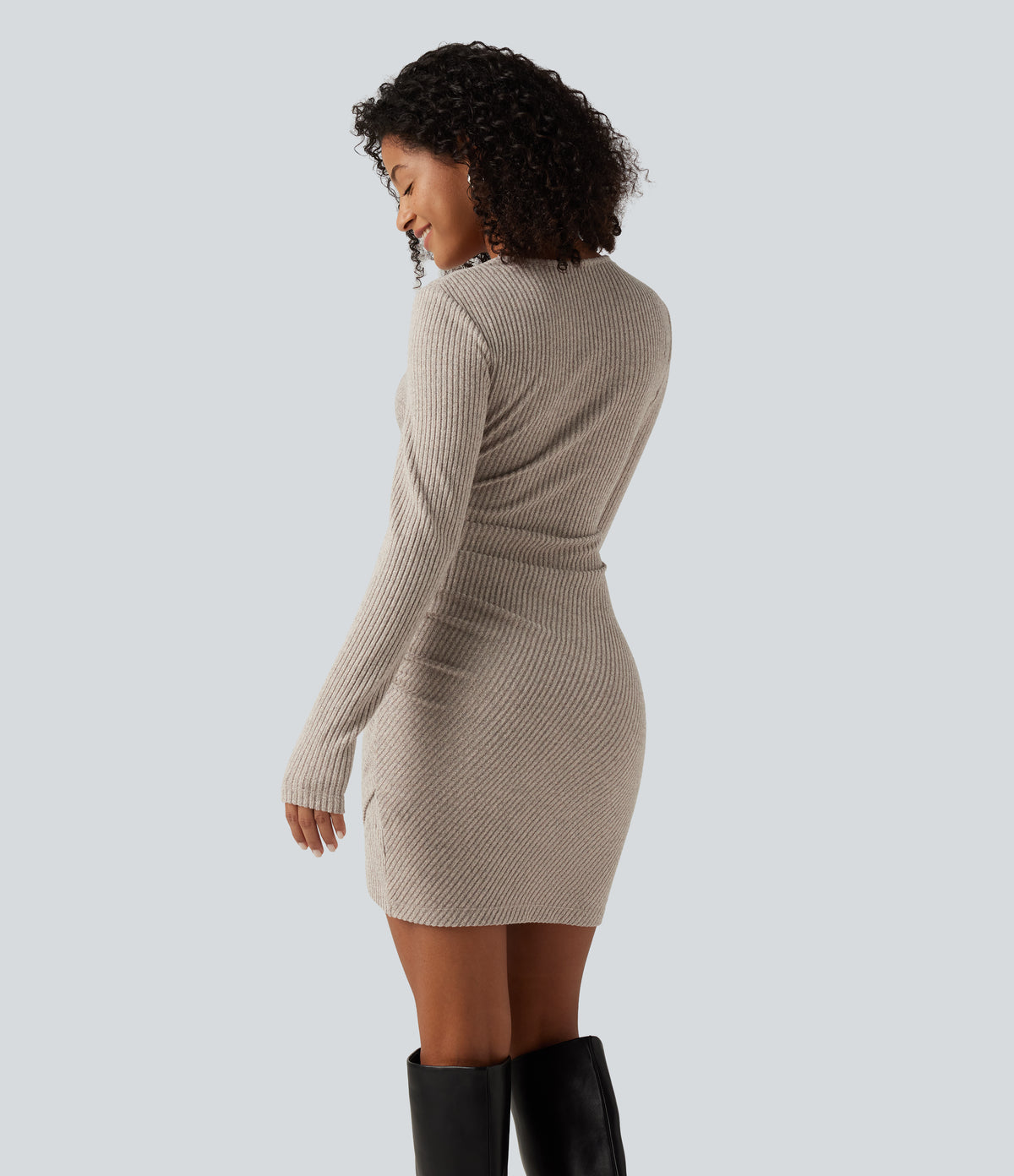 Ribbed Knit V Neck Long Sleeve Ruched Mini Casual Dress — Smoked Olive — view 2