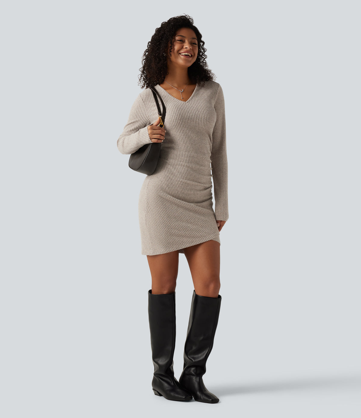Ribbed Knit V Neck Long Sleeve Ruched Mini Casual Dress — Smoked Olive — view 6
