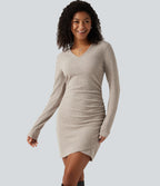 Ribbed Knit V Neck Long Sleeve Ruched Mini Casual Dress — Smoked Olive — view 4