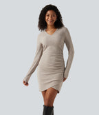 Ribbed Knit V Neck Long Sleeve Ruched Mini Casual Dress — Smoked Olive — view 1