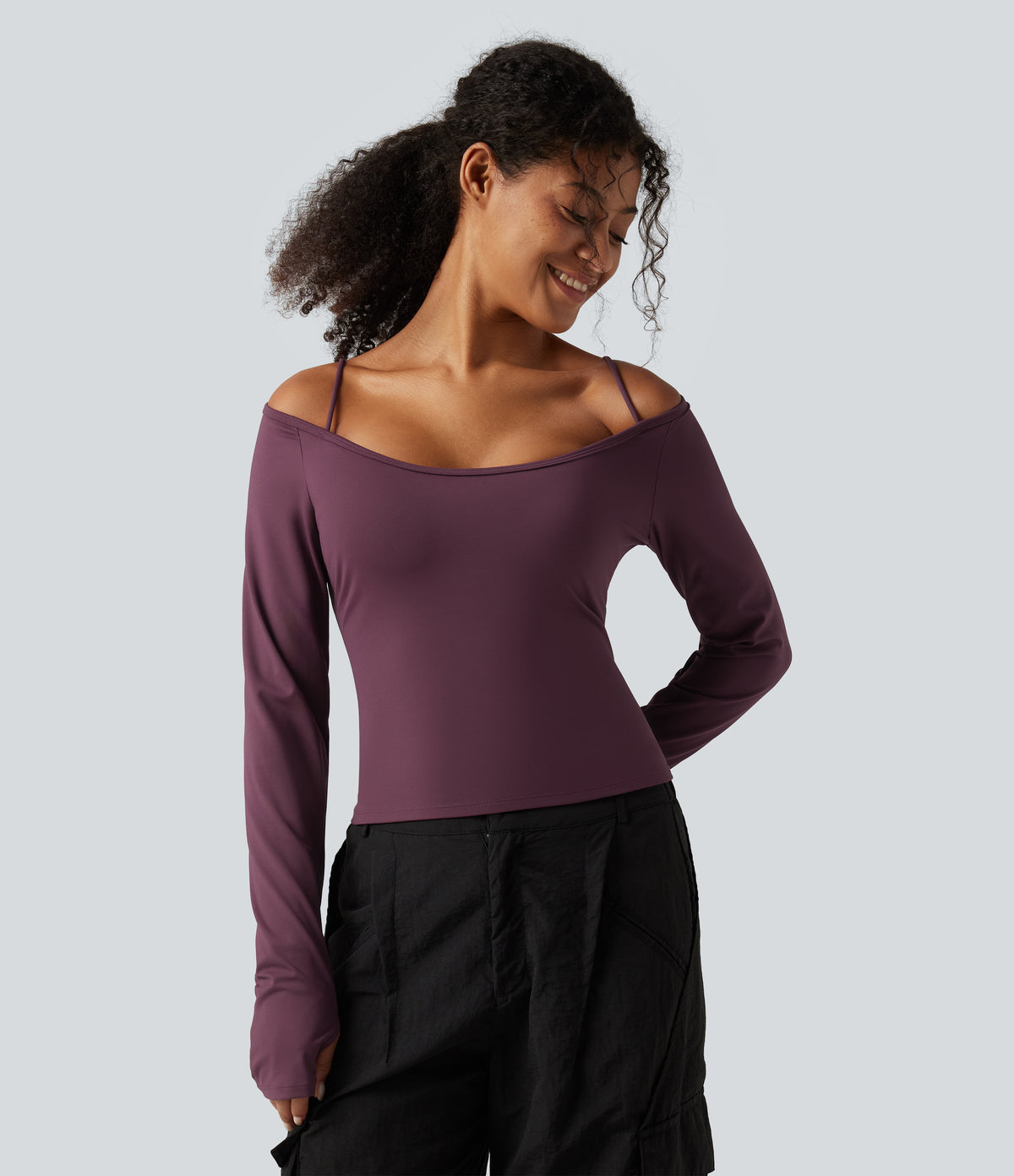 Airy Scoop Neck Long Sleeve Thumb Hole Built-in Bra InstantCool Yoga Sports Top — Fig — view 4