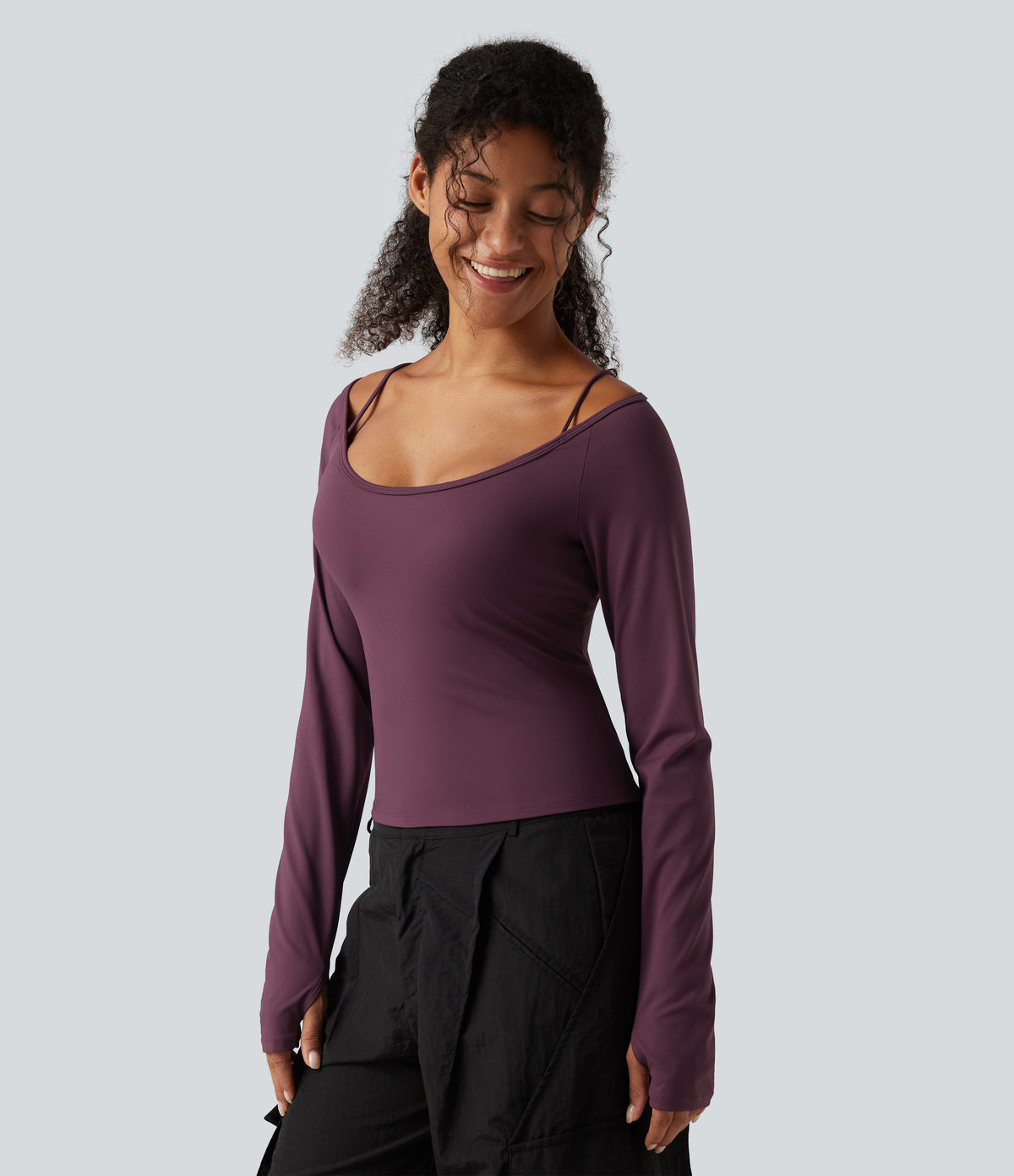 Airy Scoop Neck Long Sleeve Thumb Hole Built-in Bra InstantCool Yoga Sports Top — Fig — view 3