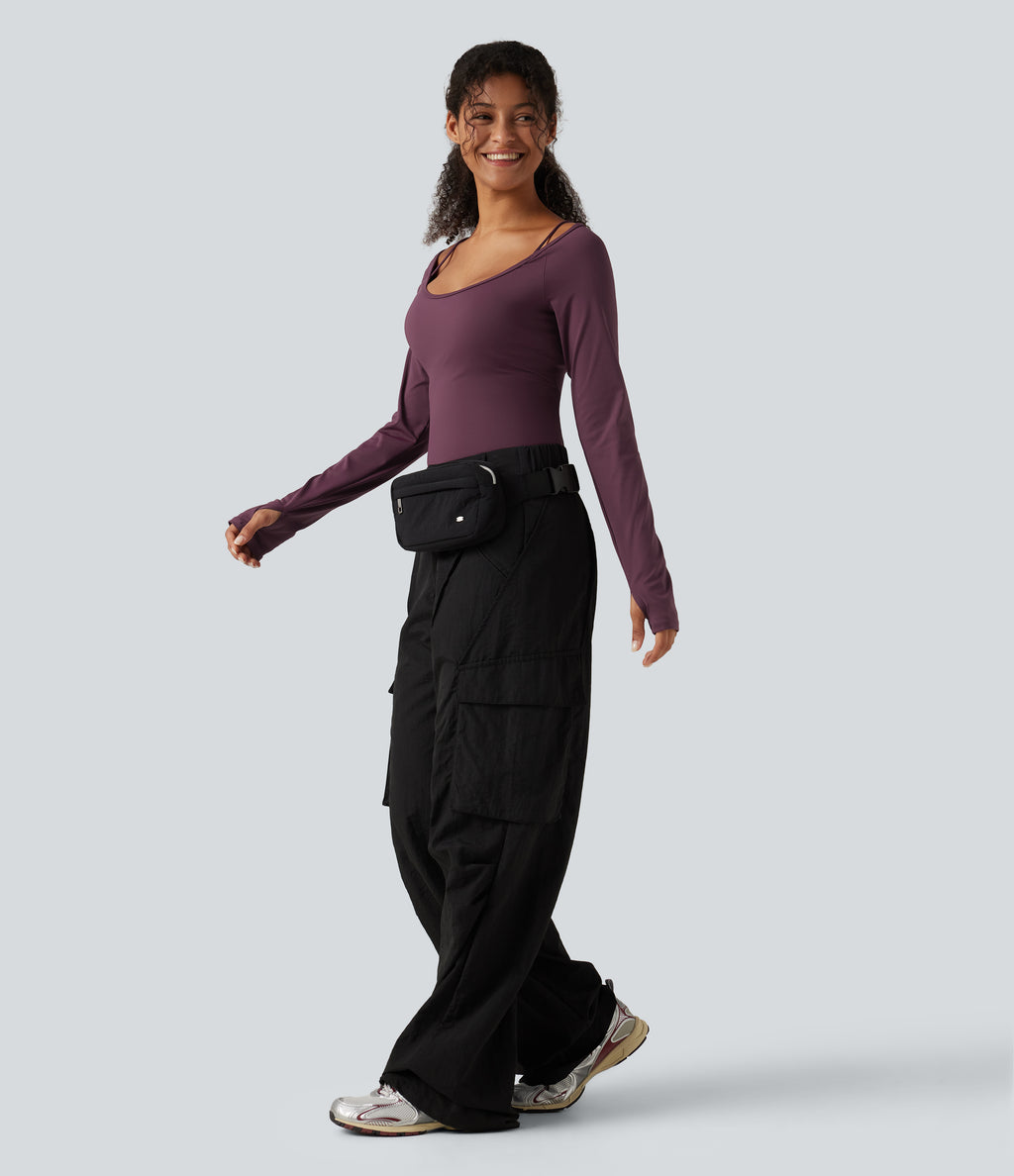 Airy Scoop Neck Long Sleeve Thumb Hole Built-in Bra InstantCool Yoga Sports Top — Fig — view 7