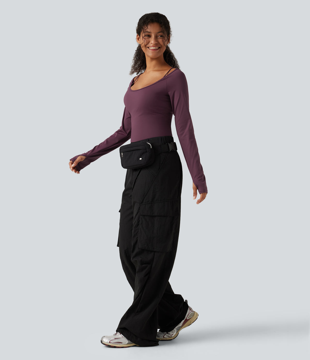 Airy Scoop Neck Long Sleeve Thumb Hole Built-in Bra InstantCool Yoga Sports Top — Fig — view 7