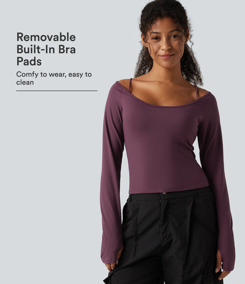 Airy Scoop Neck Long Sleeve Thumb Hole Built-in Bra InstantCool Yoga Sports Top — Fig — view 1
