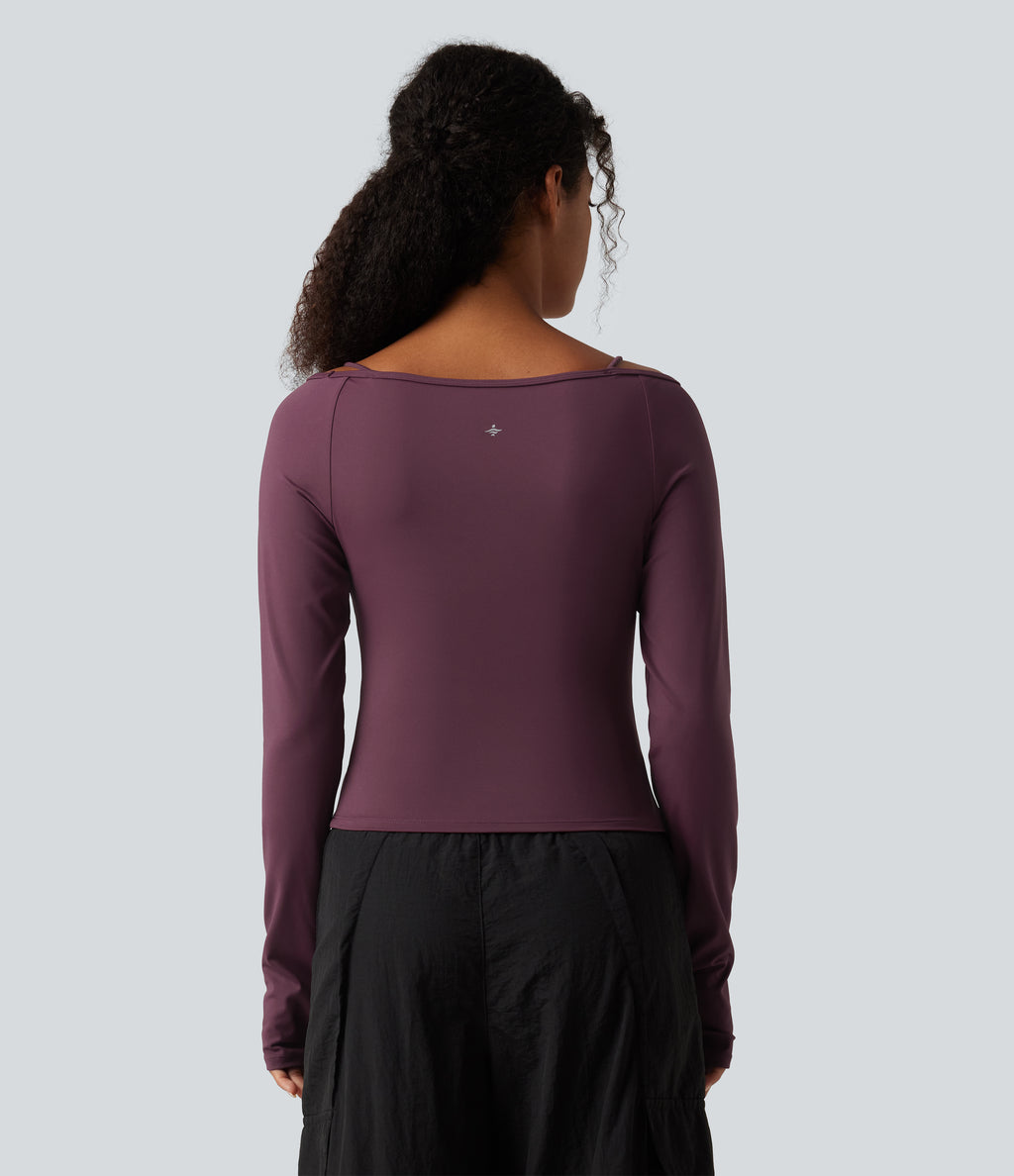 Airy Scoop Neck Long Sleeve Thumb Hole Built-in Bra InstantCool Yoga Sports Top — Fig — view 2