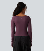 Airy Scoop Neck Long Sleeve Thumb Hole Built-in Bra InstantCool Yoga Sports Top — Fig — view 2