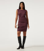 Round Neck Sleeveless Ruched Bodycon Suede Mini Party Dress — Chocolate Truffle — view 6