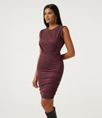 Round Neck Sleeveless Ruched Bodycon Suede Mini Party Dress — Chocolate Truffle — view 1
