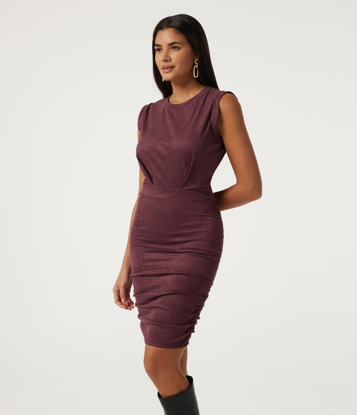 Round Neck Sleeveless Ruched Bodycon Suede Mini Party Dress — Chocolate Truffle — view 1