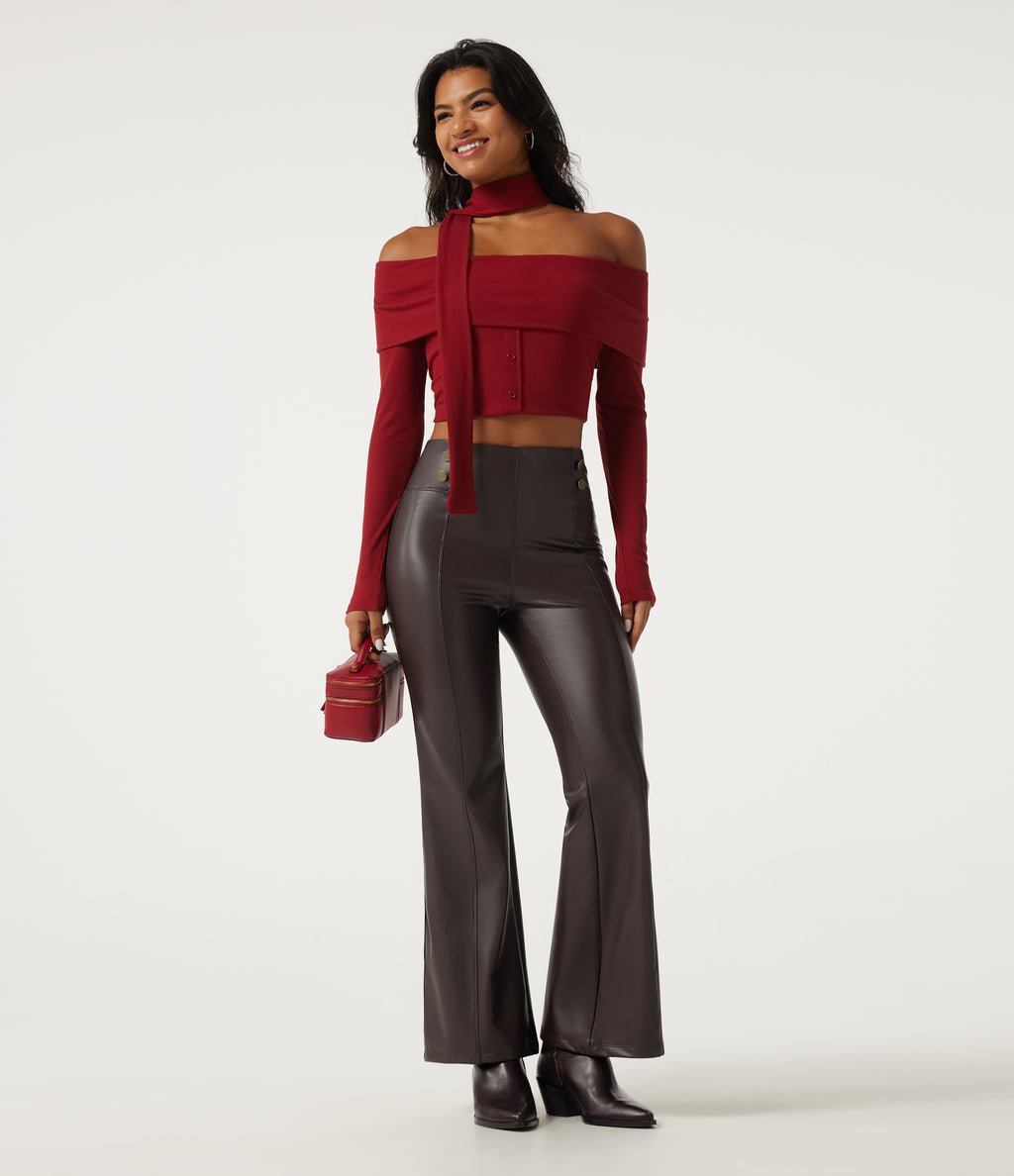 High Waisted Tummy Control Stretchy PU Fleece Flare Casual Leggings with Pockets — Hot Fudge — view 6