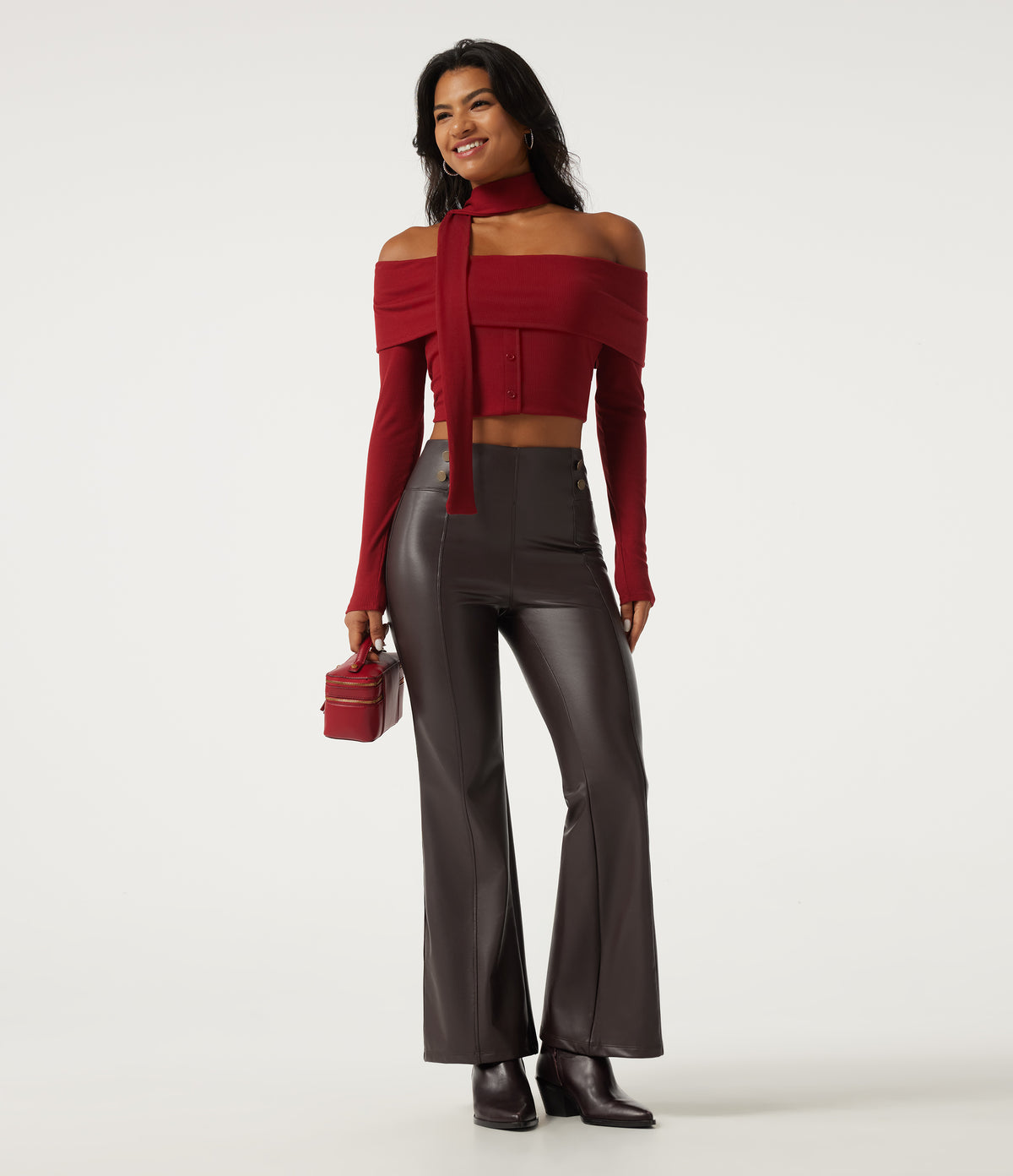 High Waisted Tummy Control Stretchy PU Fleece Flare Casual Leggings with Pockets — Hot Fudge — view 6