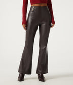 High Waisted Tummy Control Stretchy PU Fleece Flare Casual Leggings with Pockets — Hot Fudge — view 3
