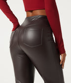High Waisted Tummy Control Stretchy PU Fleece Flare Casual Leggings with Pockets — Hot Fudge — view 5