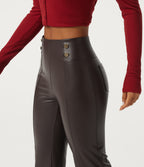 High Waisted Tummy Control Stretchy PU Fleece Flare Casual Leggings with Pockets — Hot Fudge — view 4