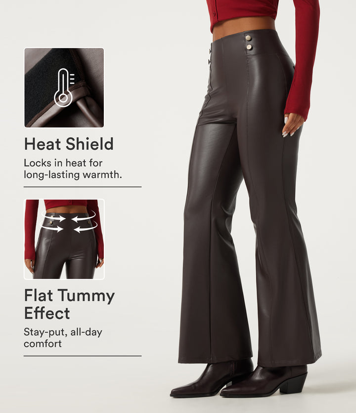 High Waisted Tummy Control Stretchy PU Fleece Flare Casual Leggings with Pockets — Hot Fudge — view 1
