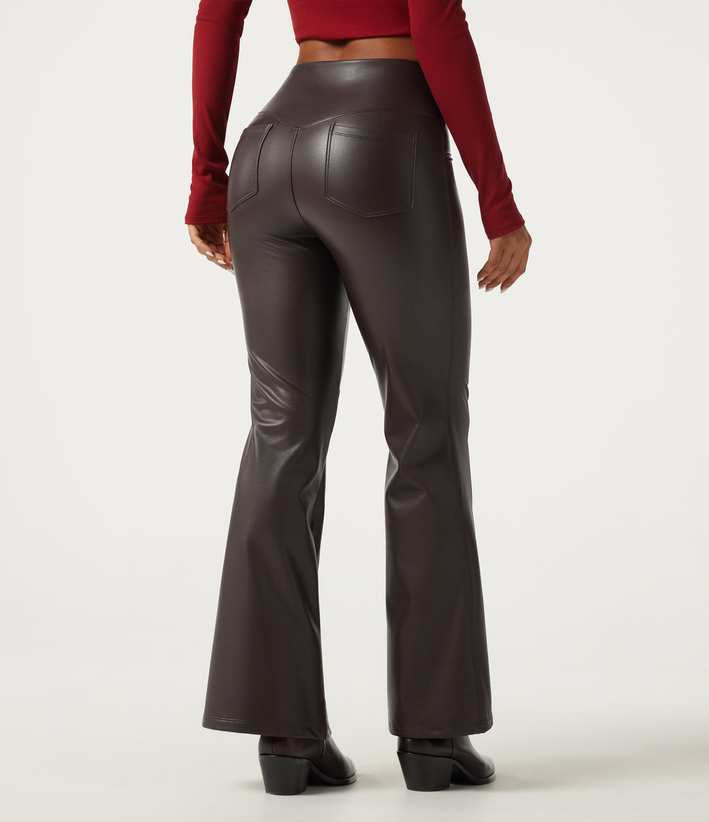 High Waisted Tummy Control Stretchy PU Fleece Flare Casual Leggings with Pockets — Hot Fudge — view 2