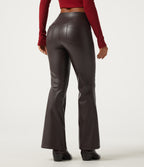 High Waisted Tummy Control Stretchy PU Fleece Flare Casual Leggings with Pockets — Hot Fudge — view 2