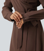 V Neck Long Sleeve Belted Wrapped Midi Work Shirt Dress — Brown Stone — view 5