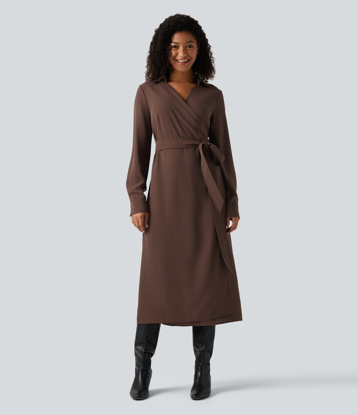 V Neck Long Sleeve Belted Wrapped Midi Work Shirt Dress — Brown Stone — view 1