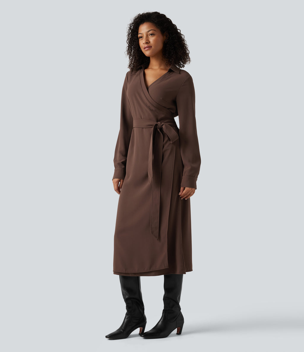 V Neck Long Sleeve Belted Wrapped Midi Work Shirt Dress — Brown Stone — view 3