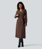 V Neck Long Sleeve Belted Wrapped Midi Work Shirt Dress — Brown Stone — view 6