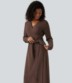 V Neck Long Sleeve Belted Wrapped Midi Work Shirt Dress — Brown Stone — view 4