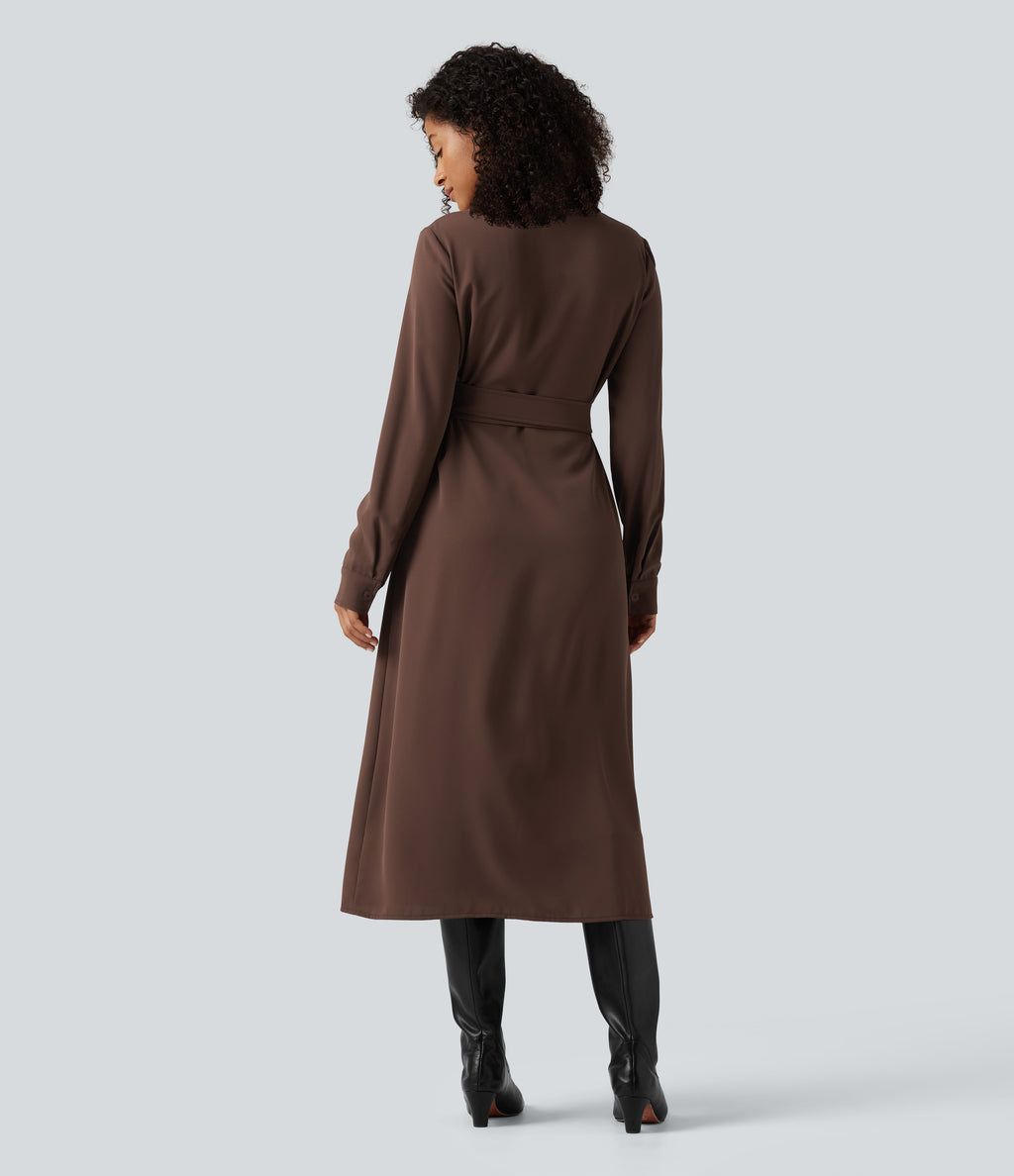 V Neck Long Sleeve Belted Wrapped Midi Work Shirt Dress — Brown Stone — view 2