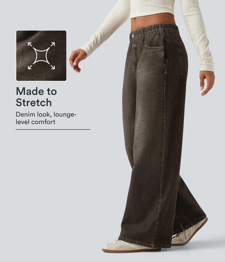 Mid Rise Wide Leg Denim Print French Terry Casual Jeans with Pockets — Toasted Chestnut — view 1