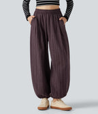 High Waisted Stripe Casual Linen-Feel Joggers with Pockets — Cellar Plum — view 1