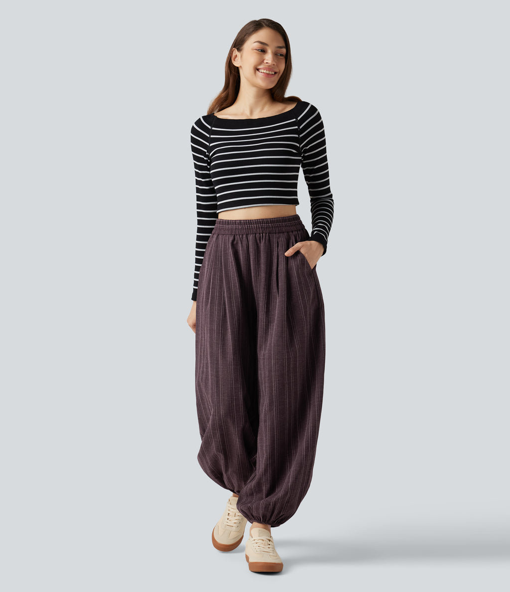 High Waisted Stripe Casual Linen-Feel Joggers with Pockets — Cellar Plum — view 6