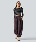 High Waisted Stripe Casual Linen-Feel Joggers with Pockets — Cellar Plum — view 6
