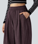 High Waisted Stripe Casual Linen-Feel Joggers with Pockets — Cellar Plum — view 4