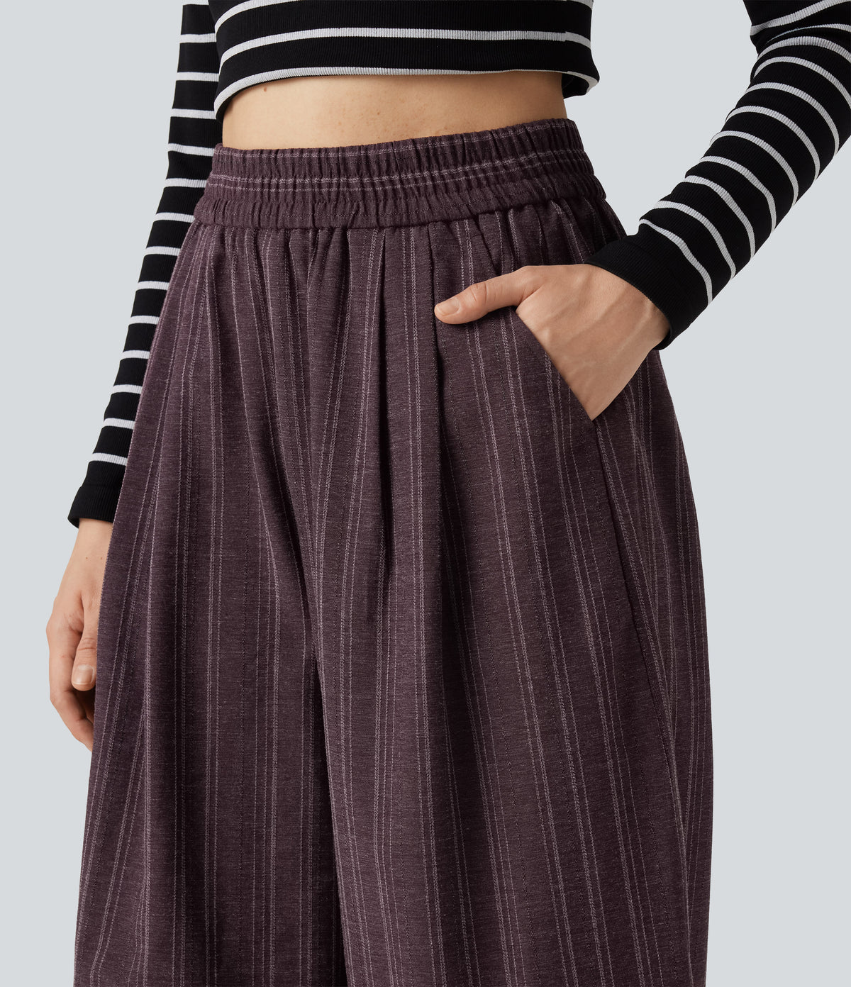 High Waisted Stripe Casual Linen-Feel Joggers with Pockets — Cellar Plum — view 4