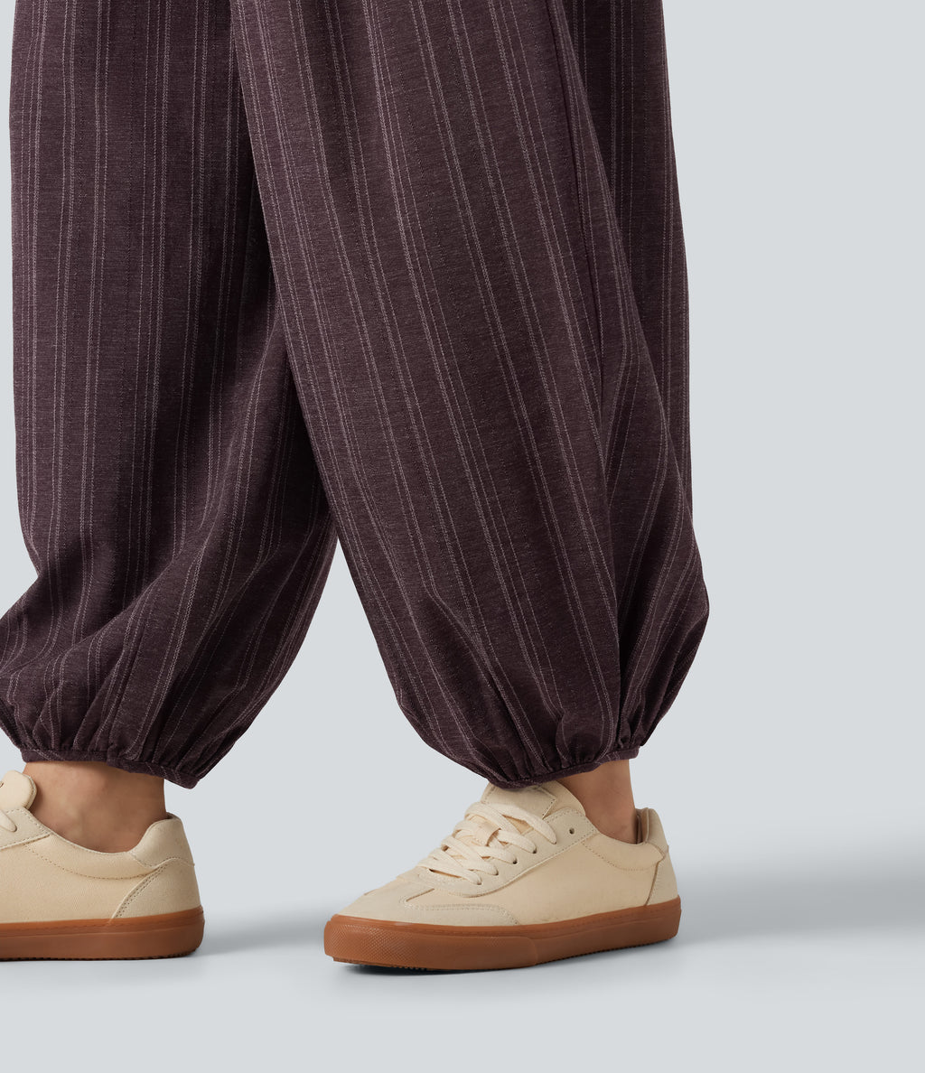 High Waisted Stripe Casual Linen-Feel Joggers with Pockets — Cellar Plum — view 5