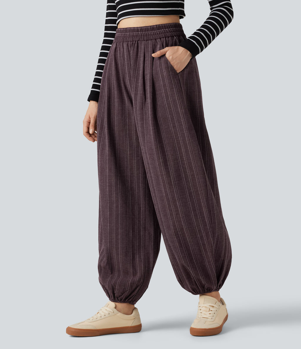 High Waisted Stripe Casual Linen-Feel Joggers with Pockets — Cellar Plum — view 3