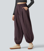 High Waisted Stripe Casual Linen-Feel Joggers with Pockets — Cellar Plum — view 3
