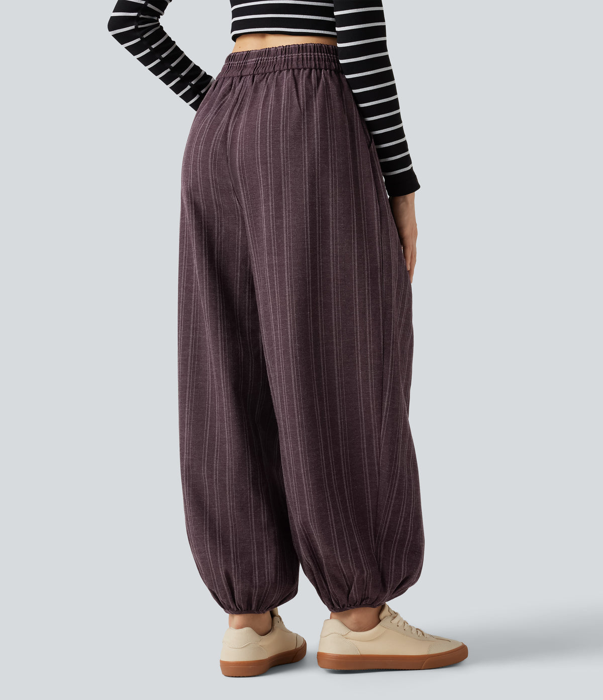 High Waisted Stripe Casual Linen-Feel Joggers with Pockets — Cellar Plum — view 2