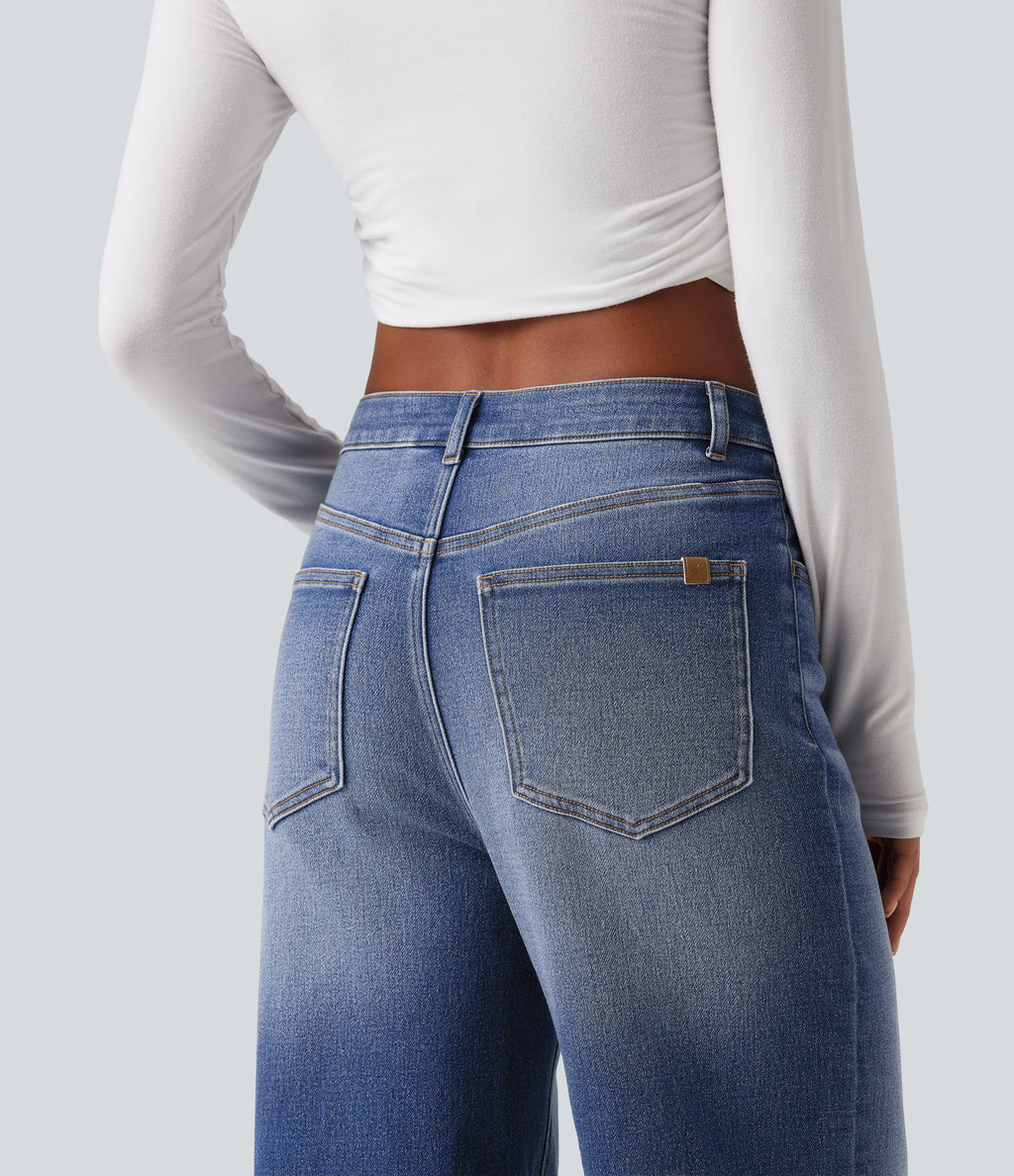 High Waisted Straight Leg Casual Jeans with Pockets — Tide Blue Denim — view 6