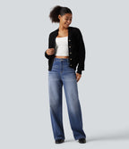High Waisted Straight Leg Casual Jeans with Pockets — Tide Blue Denim — view 4