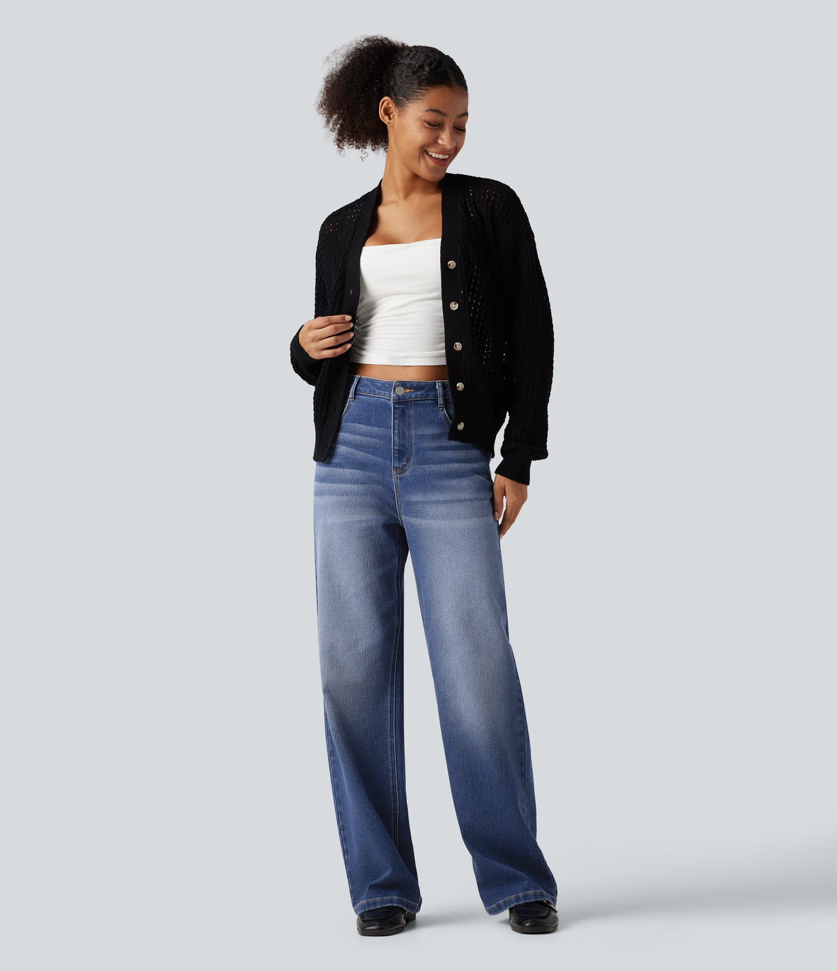 High Waisted Straight Leg Casual Jeans with Pockets — Tide Blue Denim — view 4