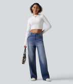 High Waisted Straight Leg Casual Jeans with Pockets — Tide Blue Denim — view 8