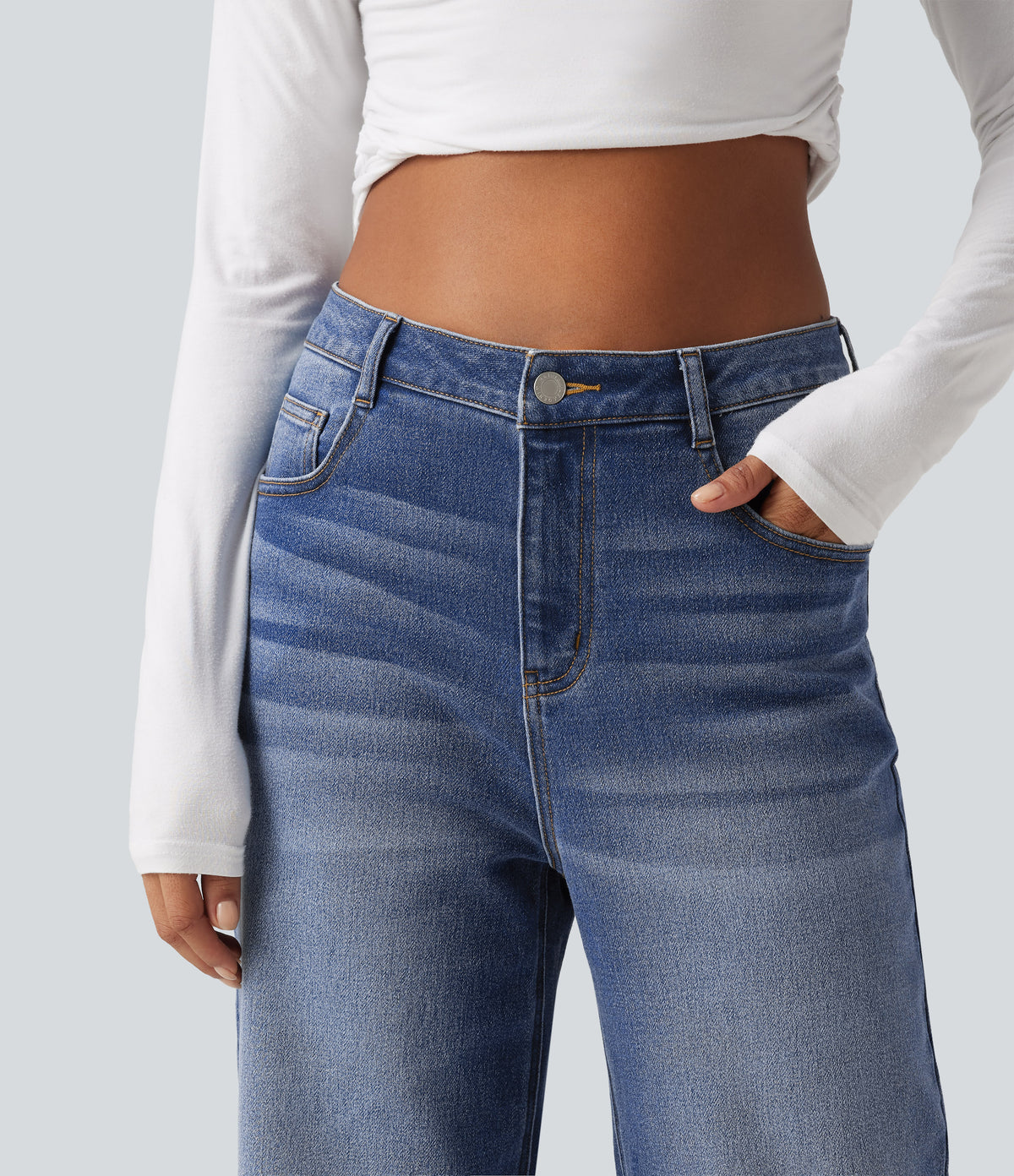 High Waisted Straight Leg Casual Jeans with Pockets — Tide Blue Denim — view 5