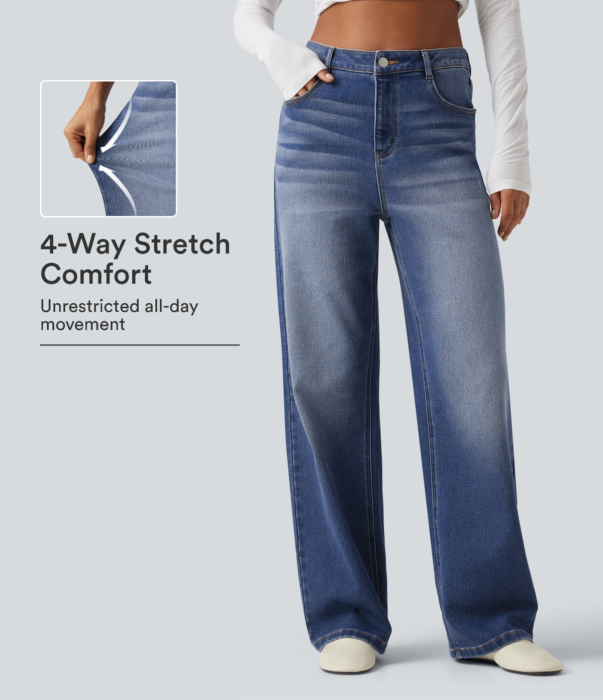 High Waisted Straight Leg Casual Jeans with Pockets — Tide Blue Denim — view 1